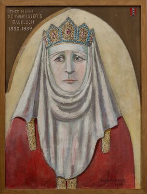 Geschilderd portret van een vrouw met een witte sluier en een juwelen kroon, in een rood gewaad met goudbrokaat, tegen een lichte boogvormige achtergrond. Linksboven geschilderd: Theo Mann Bouwmeester's Badeloch, 1850-1939; rechtsboven het wapen van Amsterdam; rechtsonder gesigneerd: Theo Frenkel, 1939.