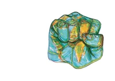 Campagnebeeld voor Een groter verhaal: een gebalde vuist, geschilderd in turkoois, groen en okergeel met losse penseelstreken, op een witte achtergrond.