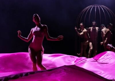 Scène uit Flamingo: een danseres in een roze pakje staat met gespreide armen op een golvend landschap van roze stof. Rechts staan vier spelers in een koepelvormige kooi van tralies.
