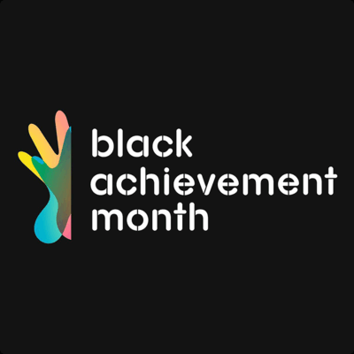 Logo van Black Achievement Month: op een zwarte achtergrond staat links een gestileerde hand in geel, groen, blauw en roze, met daarnaast in witte letters 'black achievement month'.