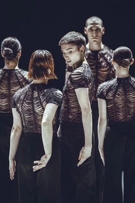 Beeld bij Blast a universe: vijf dansers in donkere, geribbelde shirts met korte mouwen en zwarte broeken staan dicht bij elkaar in een donkere ruimte. Enkelen kijken opzij of omlaag; achteraan kijkt een danser met kaalgeschoren hoofd recht vooruit.